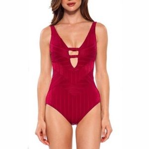 BECCA red one piece swimsuit plunge neckline M